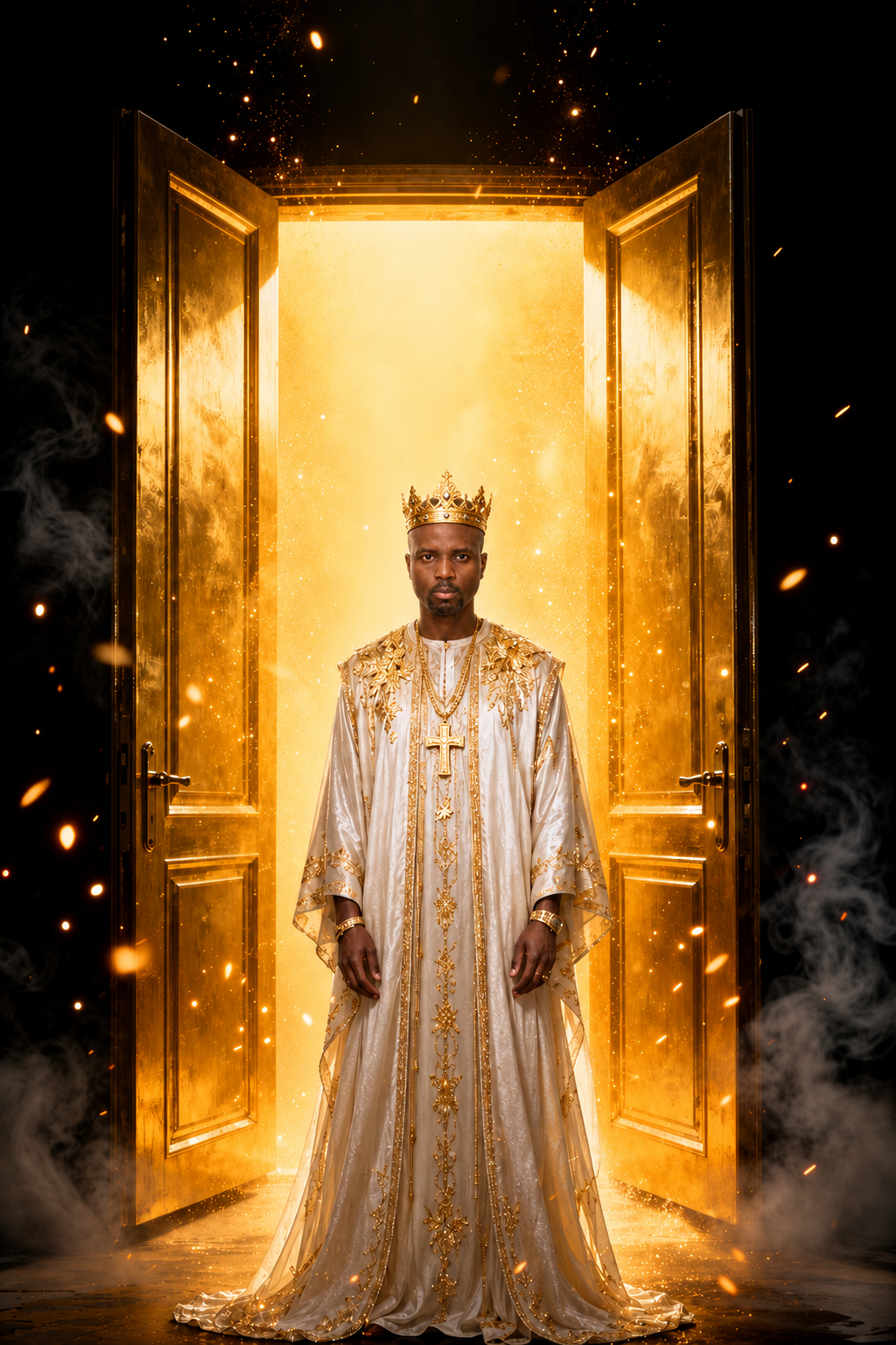 Sutu Fire stands before enormous golden heavenly doors opening into amber light